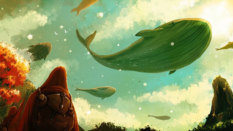 Whales Flying in Sky — Green