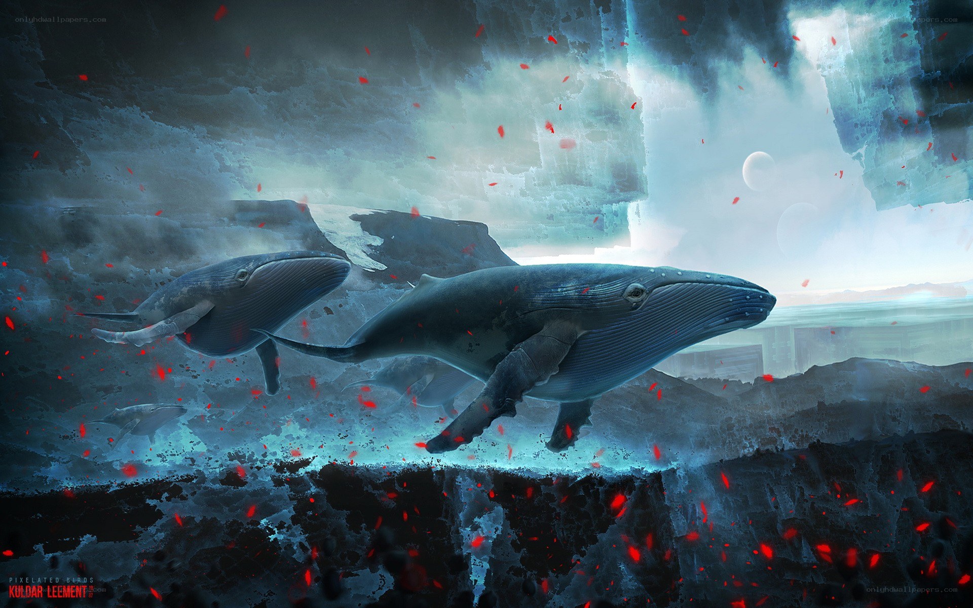 Whales in a surreal landscape