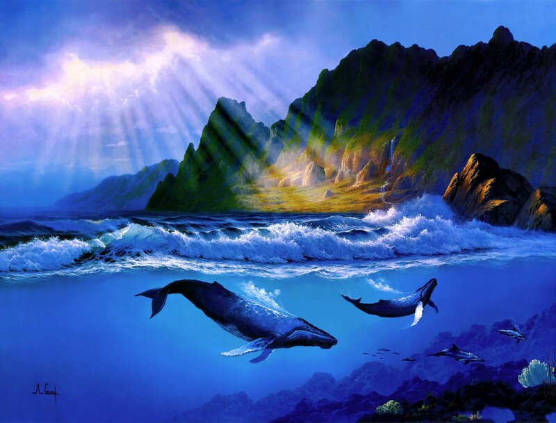 Whales Swimming Underwater — Blue, Dramatic