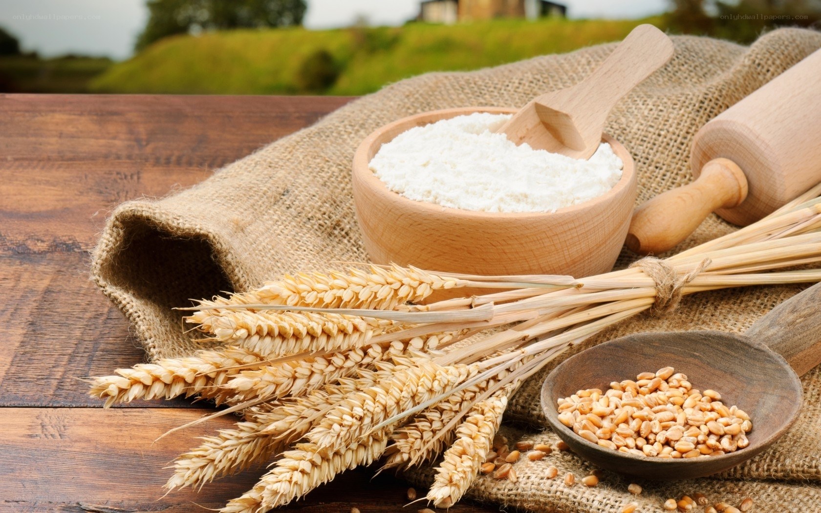 Wheat and flour on wooden table