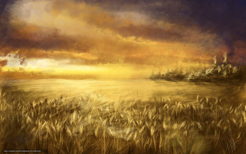 Wheat Field at Sunset — Gold, Dramatic, Digital Art, Sky