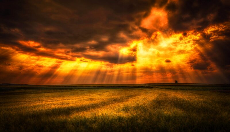 Wheat Field at Sunset — Orange, Dramatic, Photograph, Clouds, Sunlight