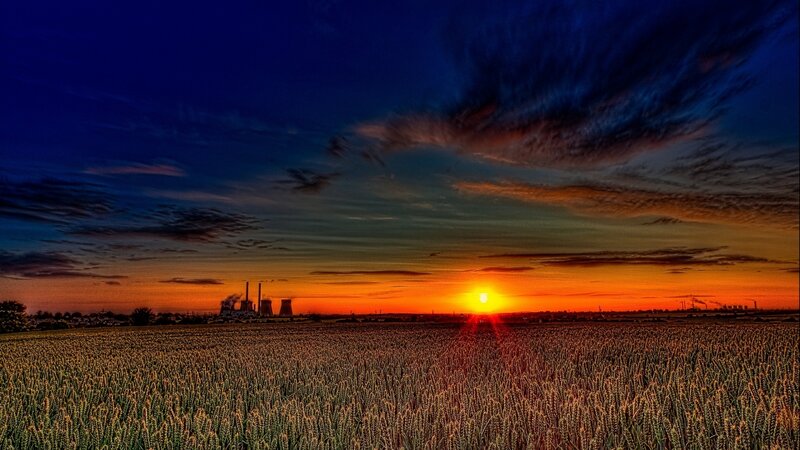 Wheat Field at Sunset — Orange, Dramatic, Photograph, Power Plant