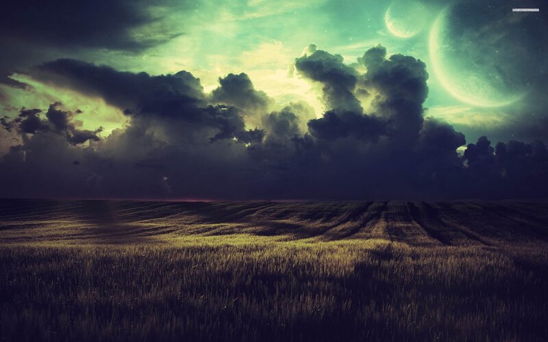 Wheat Field under Alien Sky — Green, Dramatic, Night, Digital Art, Clouds