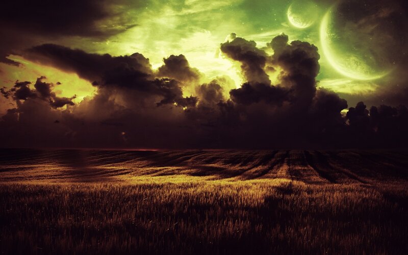 Wheat Field under Alien Sky — Green, Dramatic, Night, Digital Art