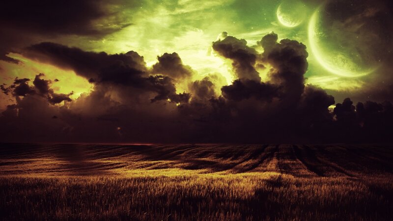 Wheat Field under Alien Sky — Green, Dramatic