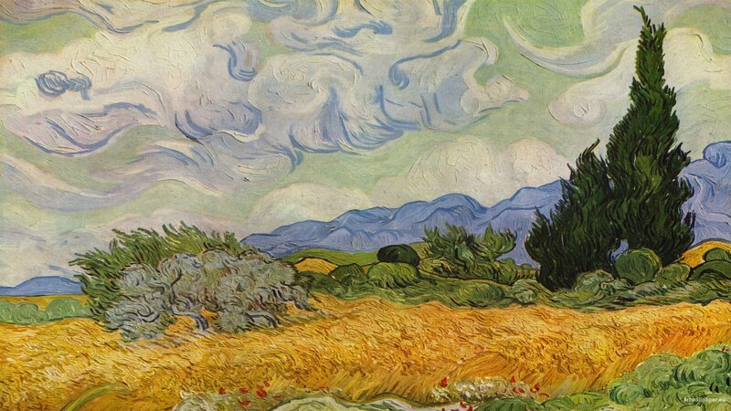Wheat Field with Cypress Trees — Yellow, Dramatic, Afternoon, Painting, Clouds, Mountains