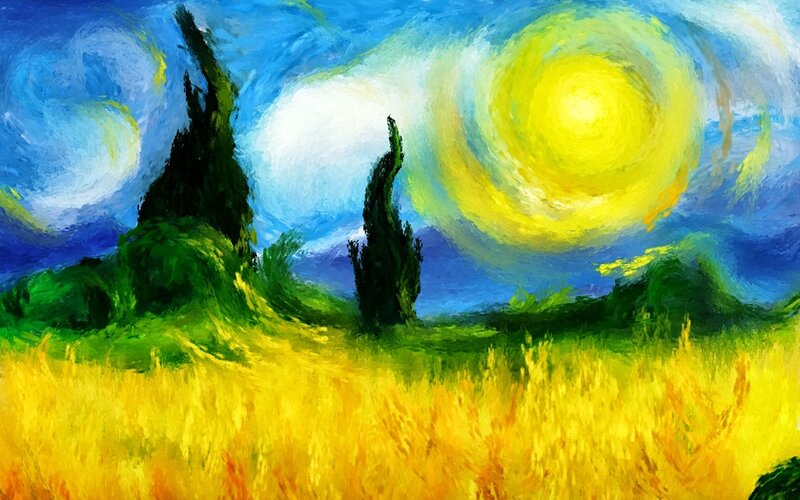 Wheat Field with Cypress Trees — Yellow, Dramatic