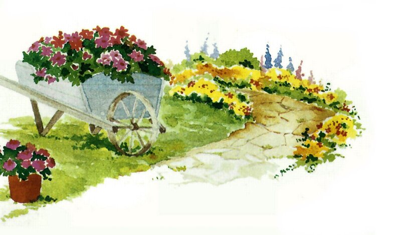 Wheelbarrow with Flowers — Green, Serene