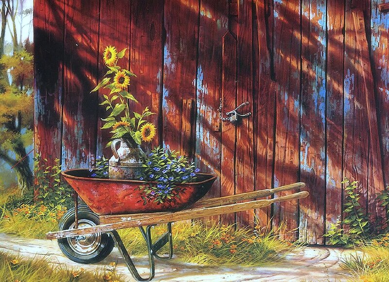 Wheelbarrow with Sunflowers — Red