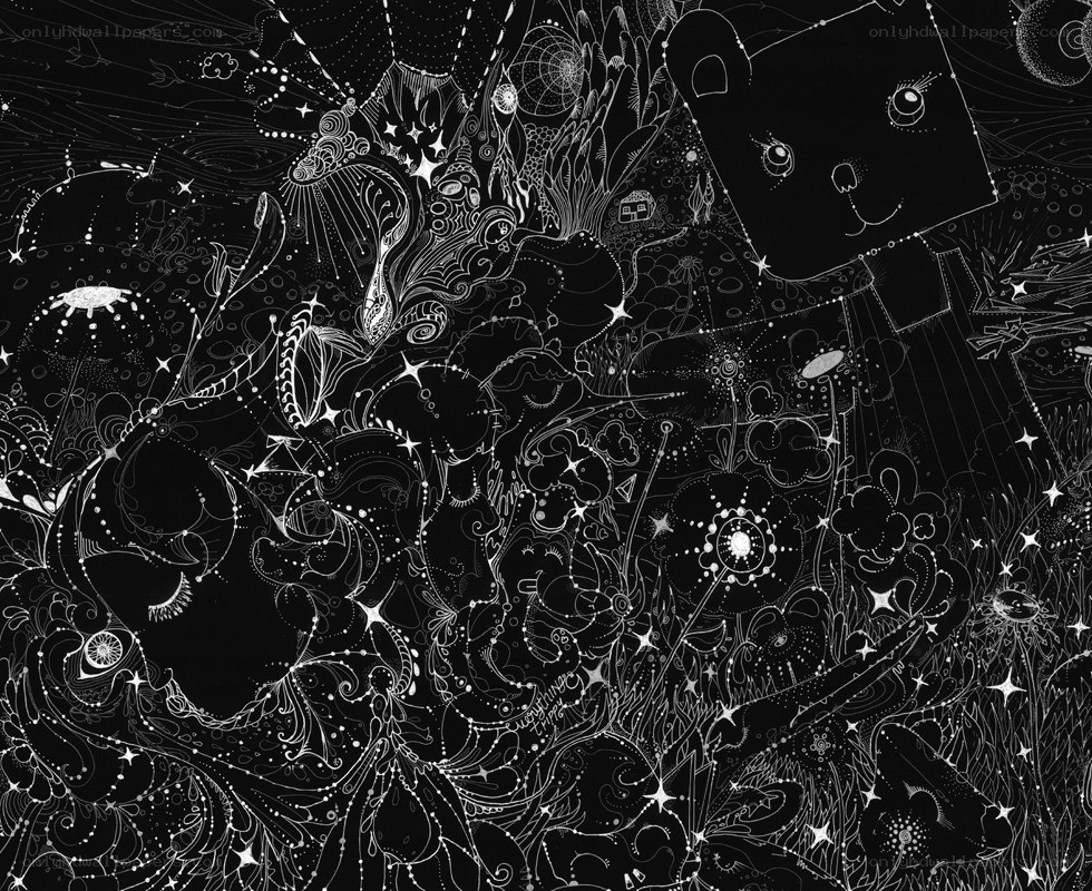whimsical black and white illustration