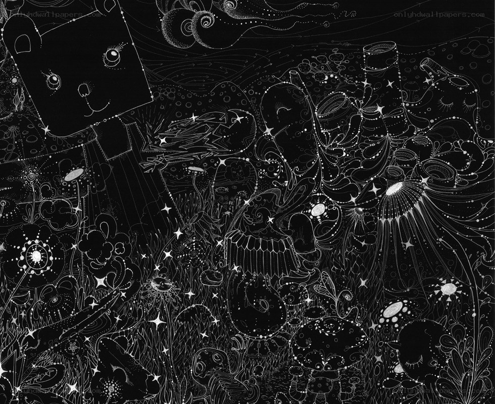 Whimsical black and white illustration