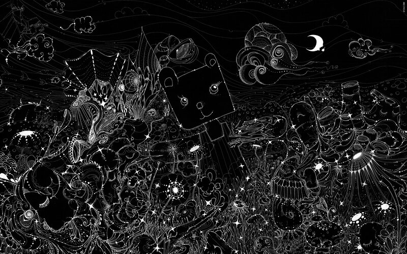 whimsical black and white illustration