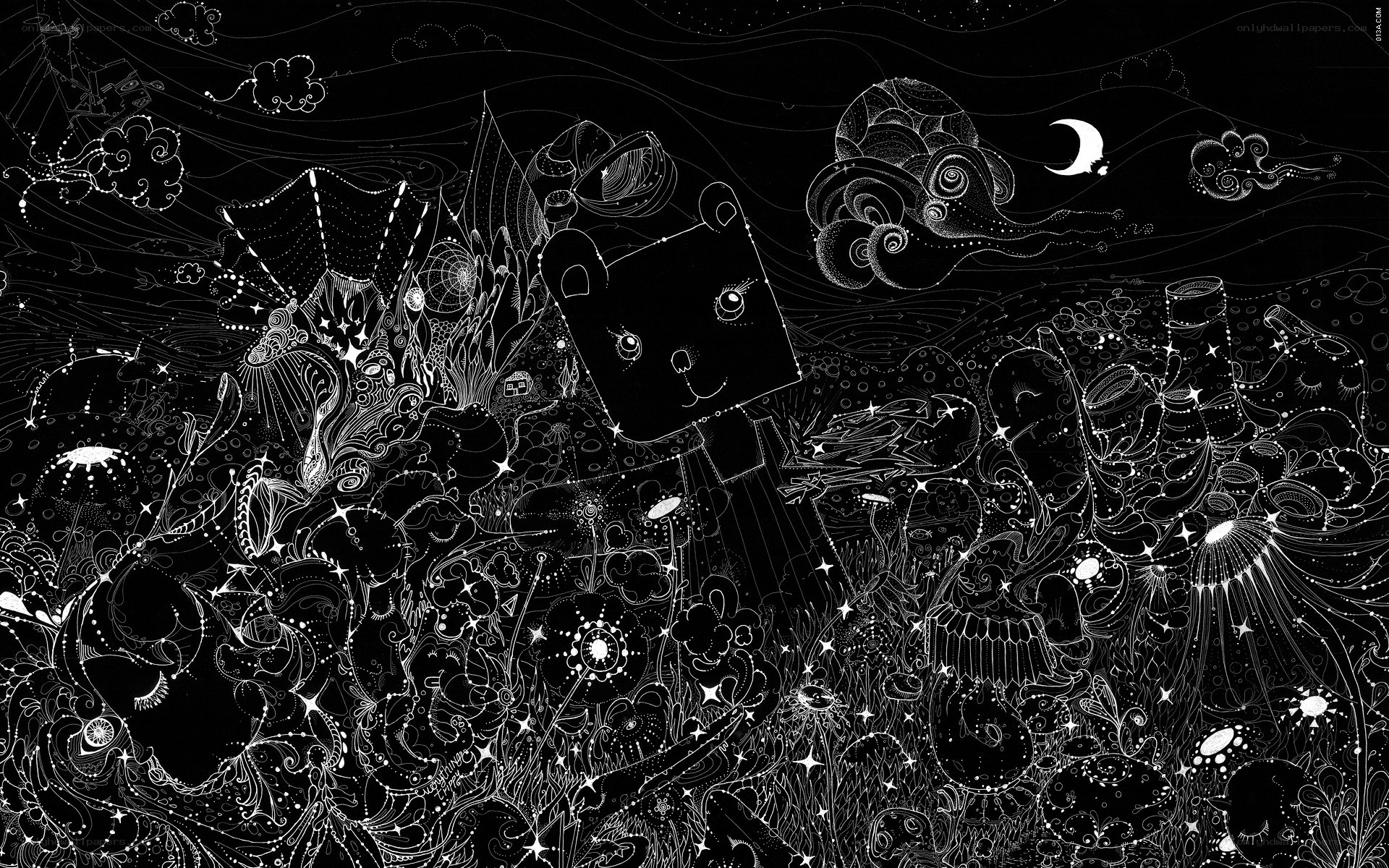 whimsical black and white illustration