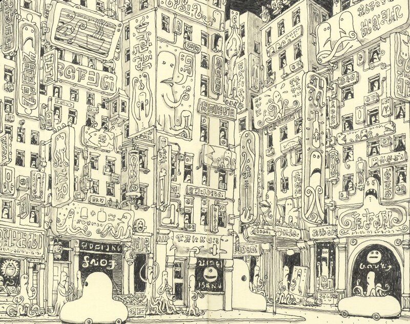 whimsical cityscape with creatures