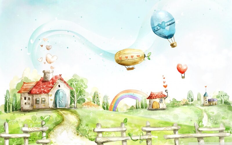 Whimsical countryside with hot air balloons