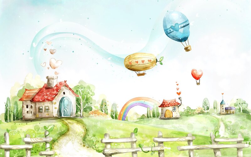 Whimsical countryside with hot air balloons