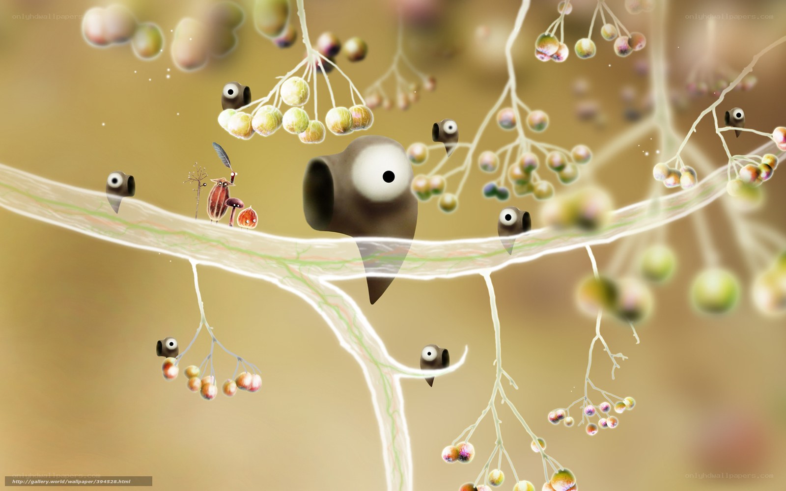 Whimsical creatures on a branch
