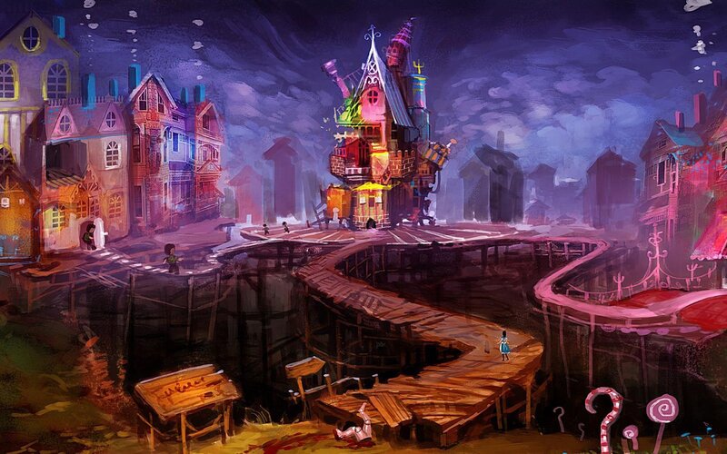 whimsical fantasy village at night