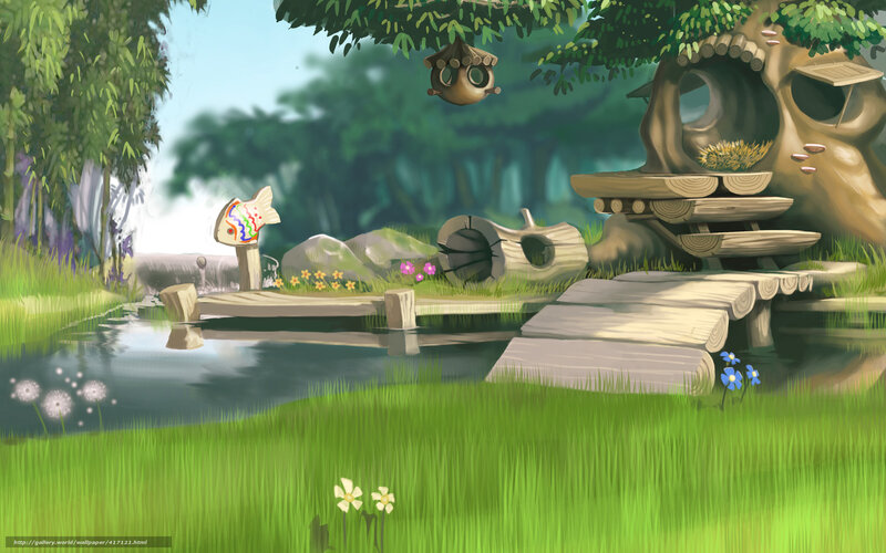 Whimsical forest pond scene