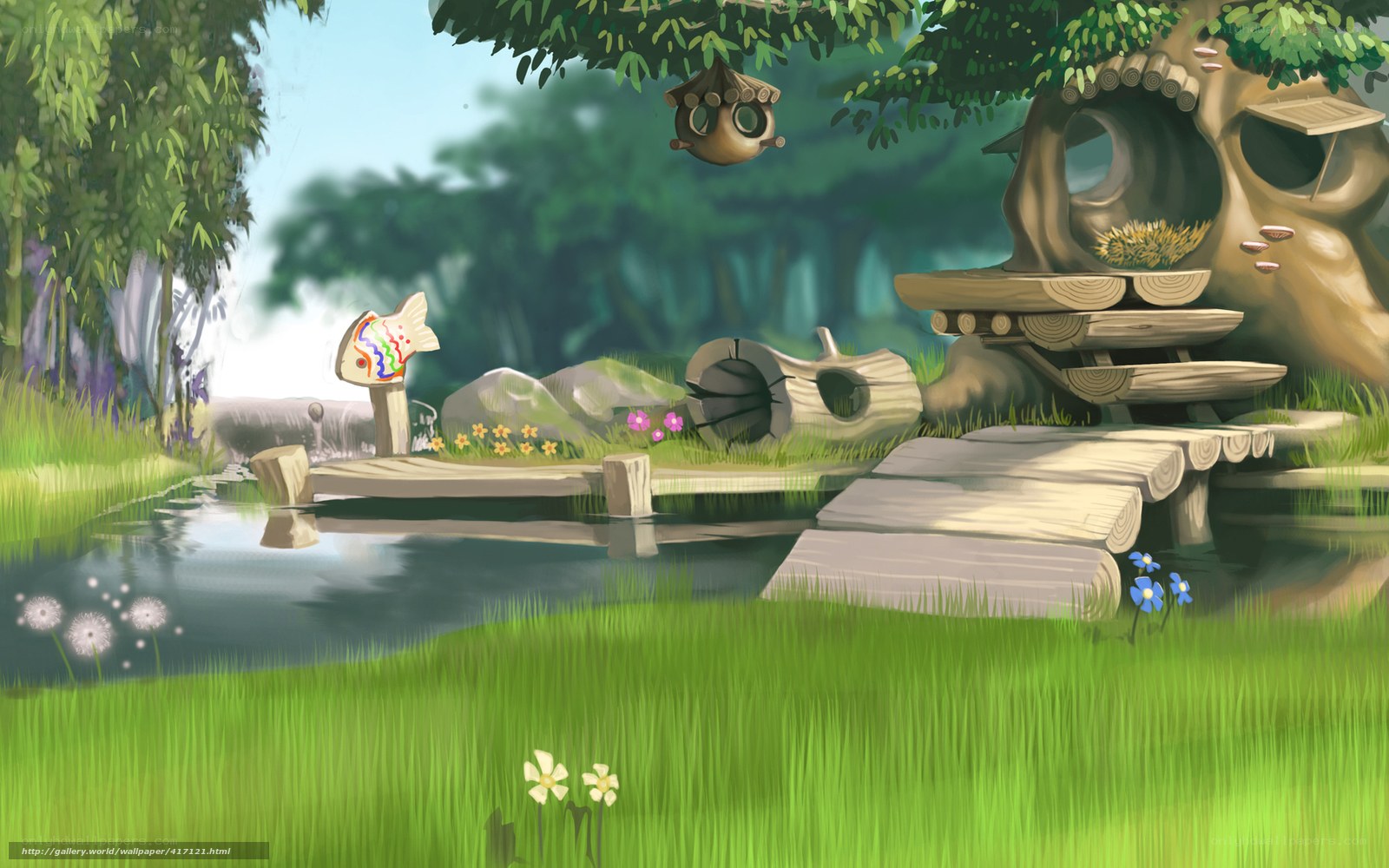 Whimsical forest pond scene