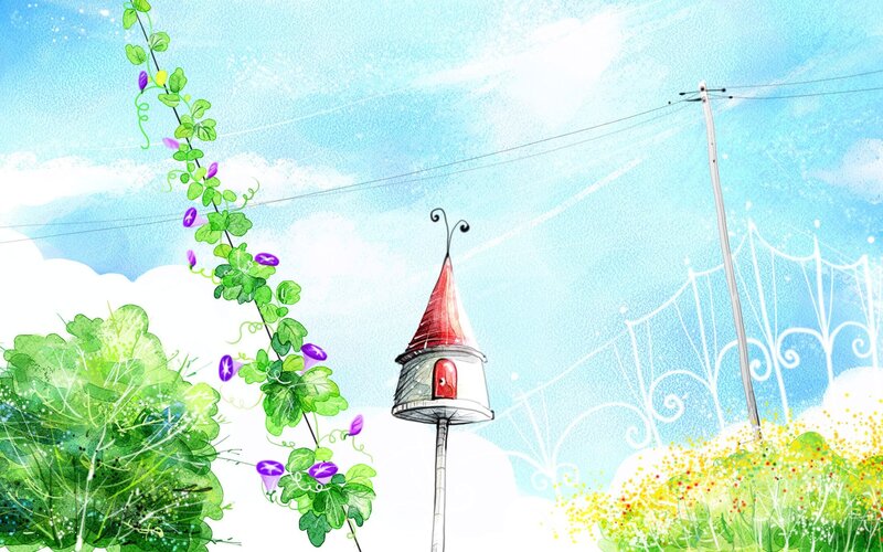 Whimsical garden scene with birdhouse