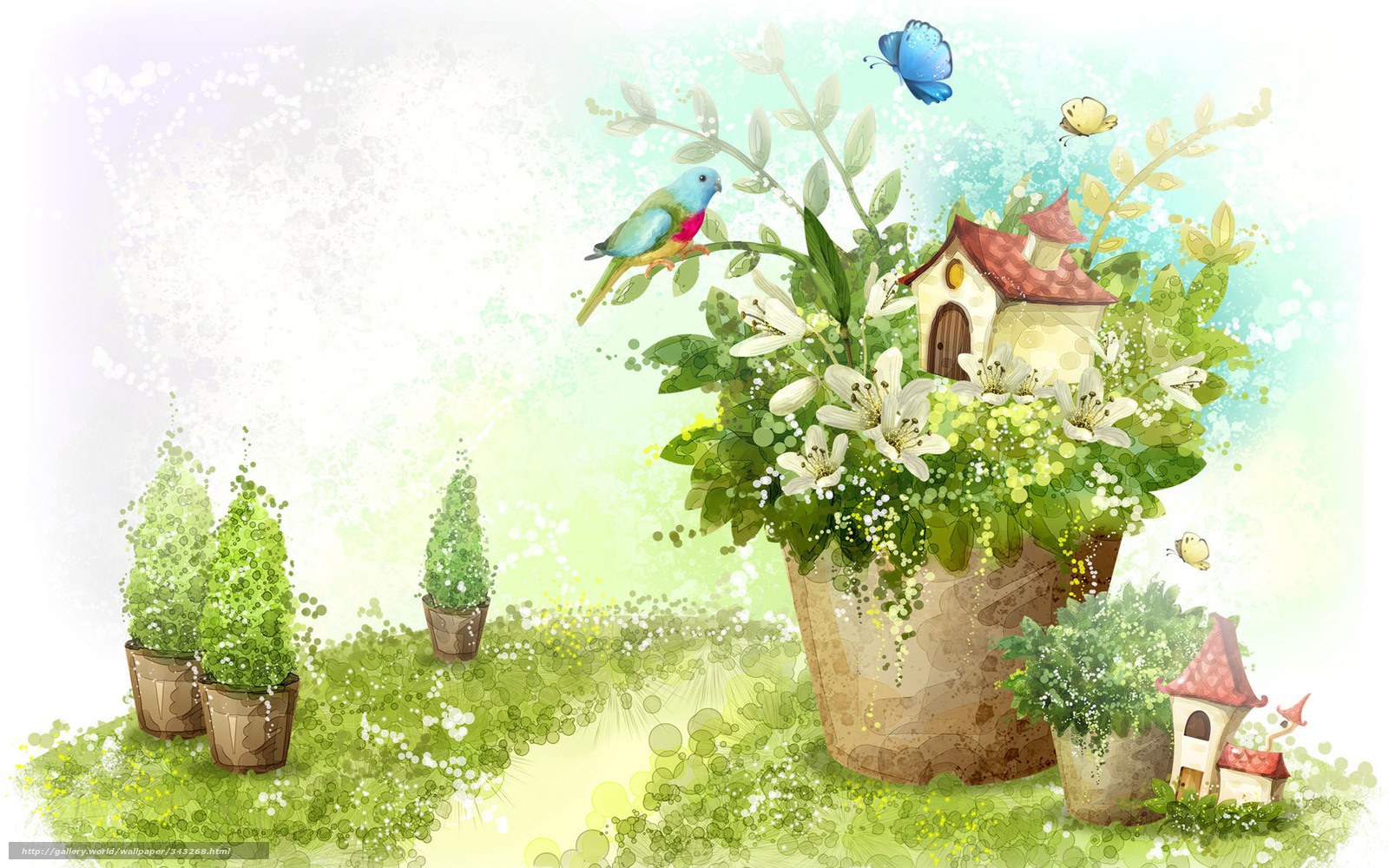 Whimsical garden with bird and house