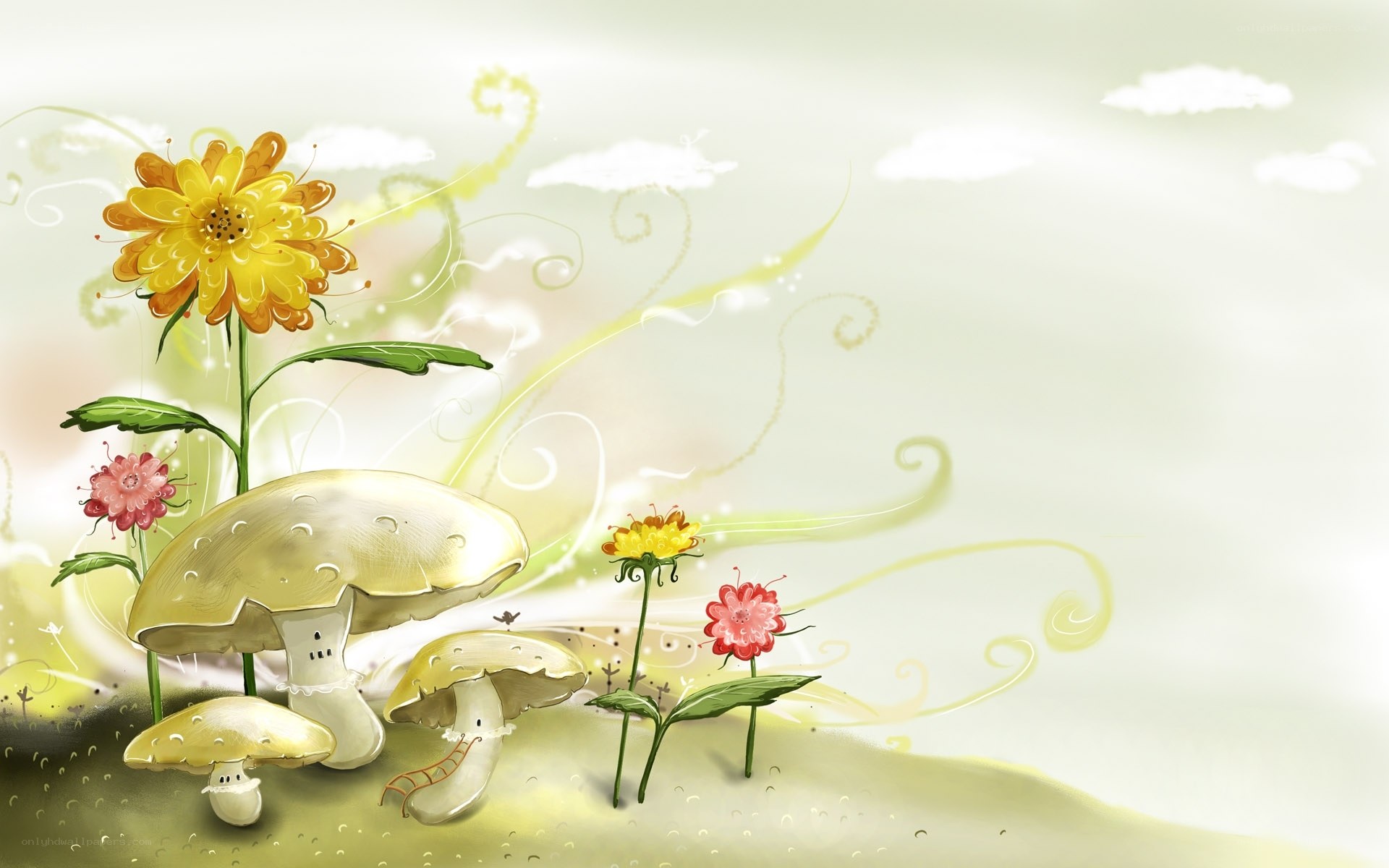 Whimsical garden with mushrooms