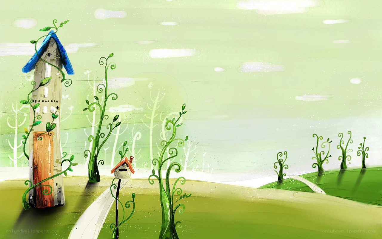 Whimsical green landscape with tower