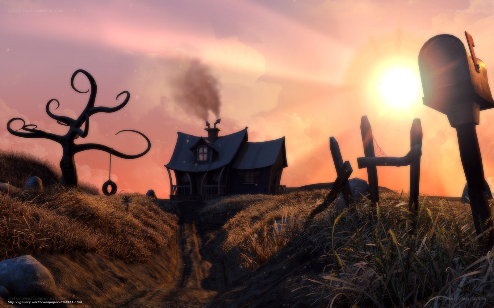 Whimsical house at sunset