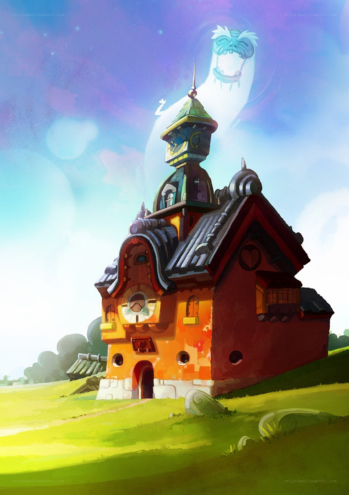 Whimsical house with ghostly figure