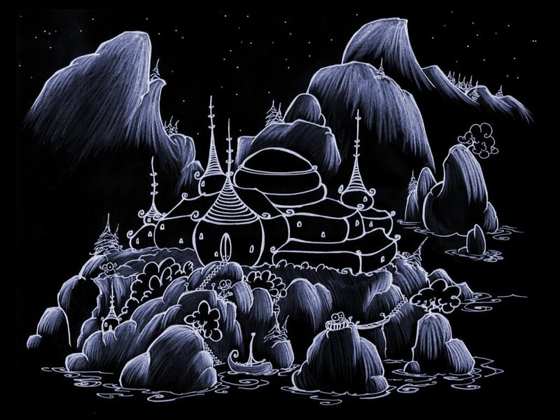 Whimsical island village at night