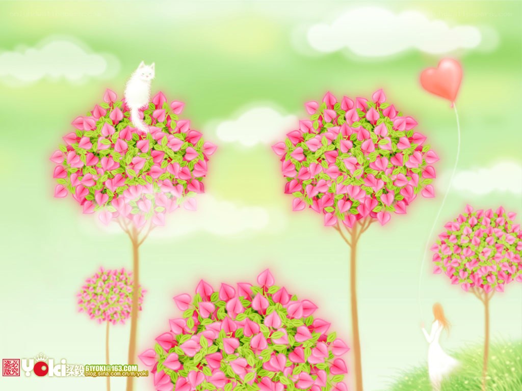 Whimsical pink trees and cat