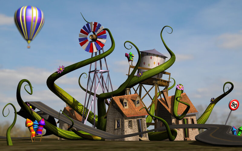 whimsical village with giant vines