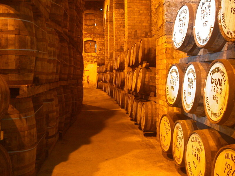 Whiskey barrels in a cellar
