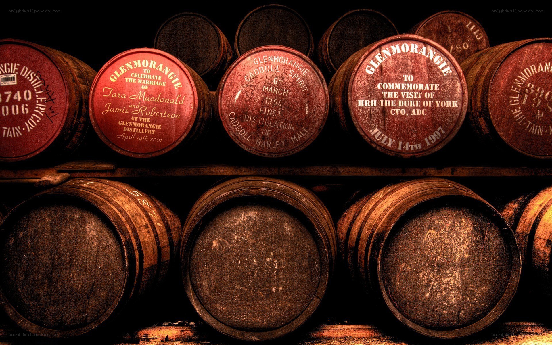 Whiskey barrels in a warehouse