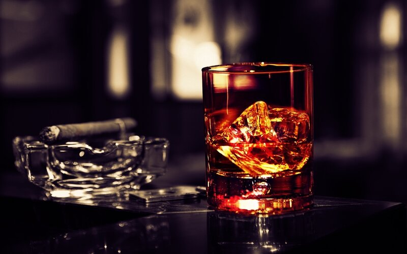 Whiskey Glass with Ice — Brown, Dramatic, Night