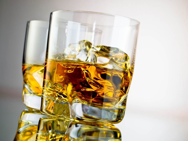 Whiskey with Ice Cubes — Amber, Calm, Photograph