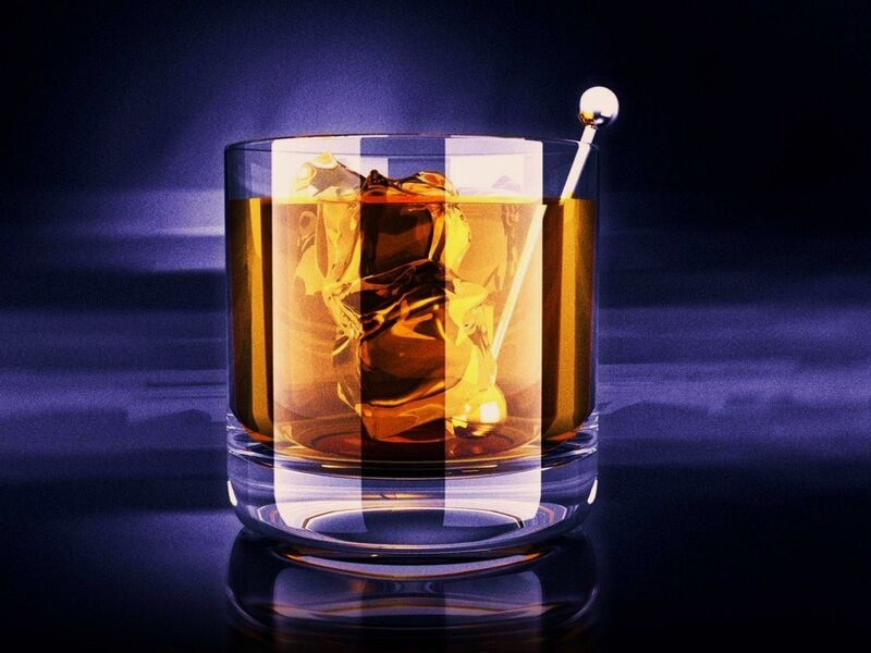 whiskey with ice in a glass