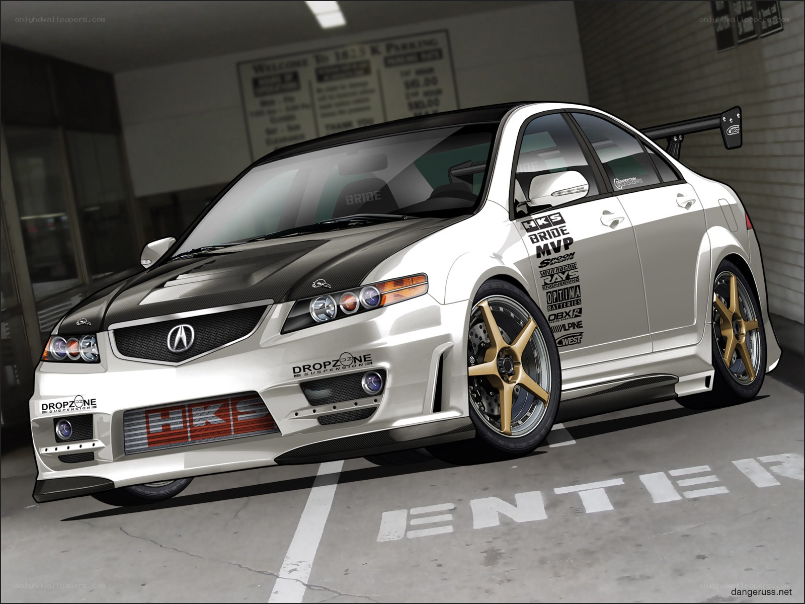 white acura with racing decals