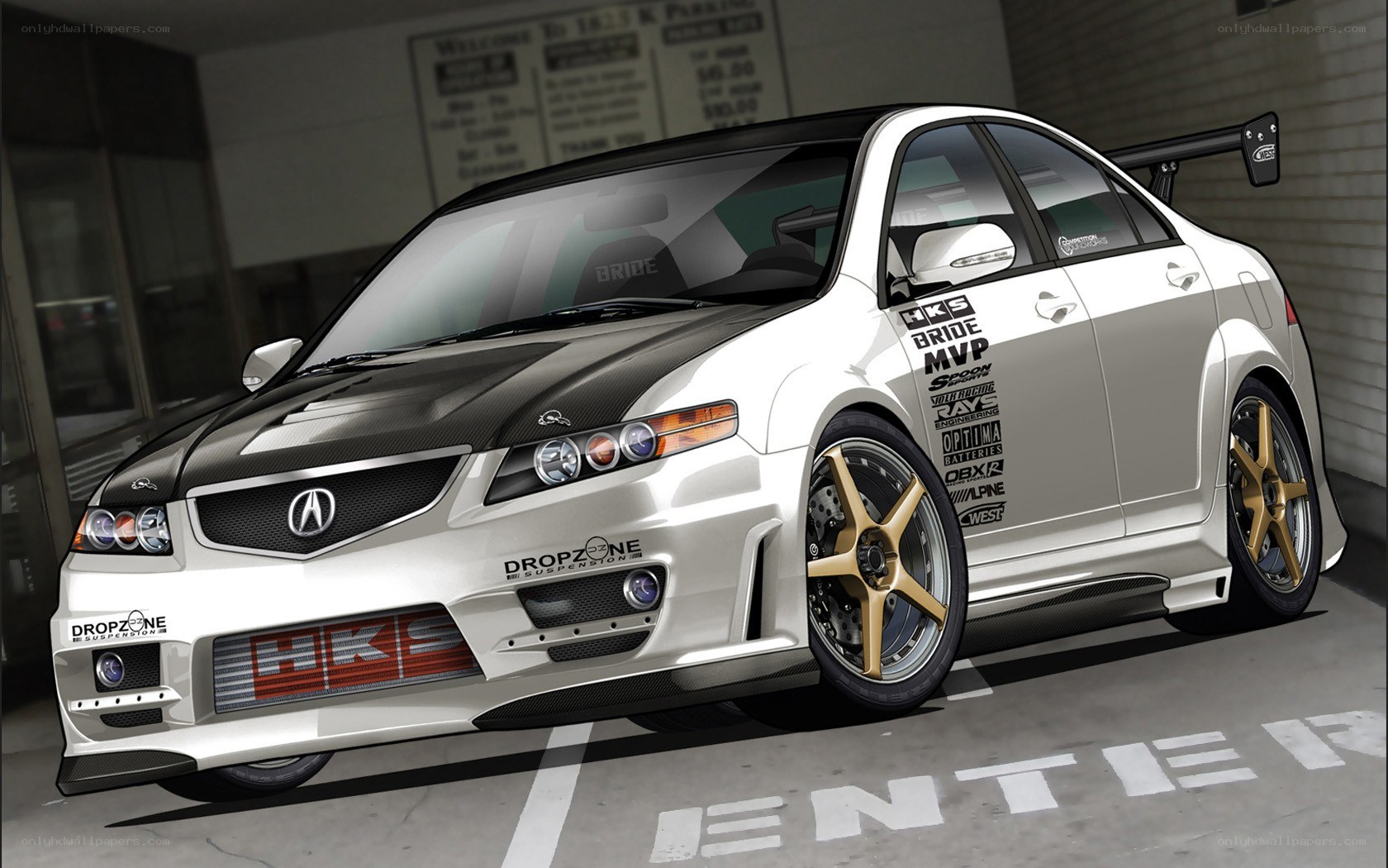 white acura with racing decals