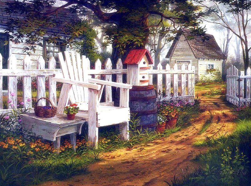 White Adirondack Chair — Green, Serene, Afternoon