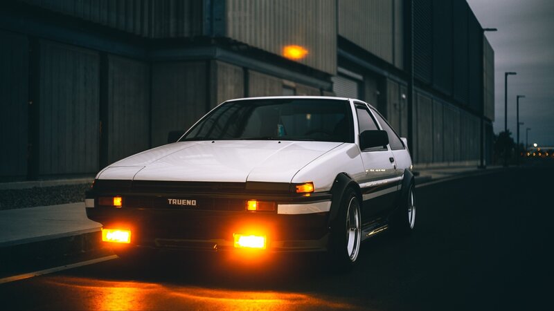 White AE86 Car — Dramatic, Night
