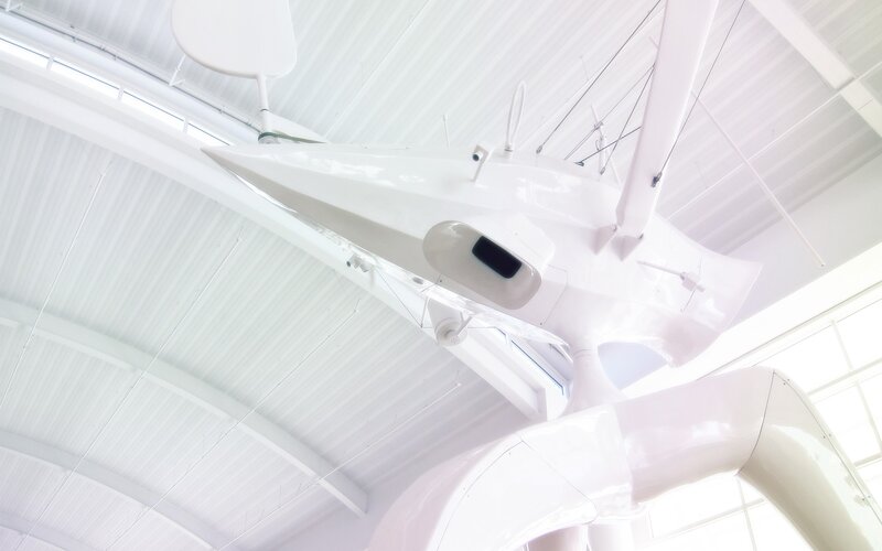 White aircraft model on display