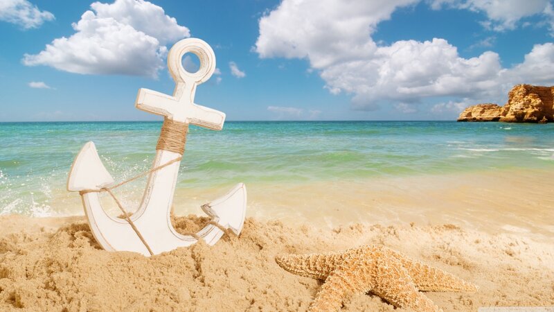 White Anchor on Beach — Blue, Serene