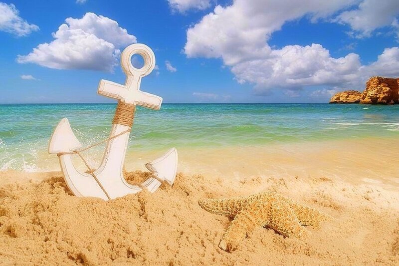 White Anchor on Beach — Blue