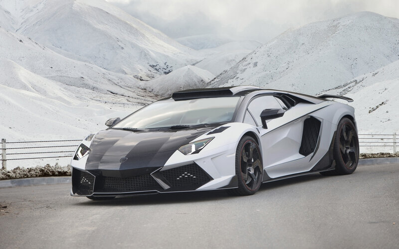 White and black Lamborghini in snow