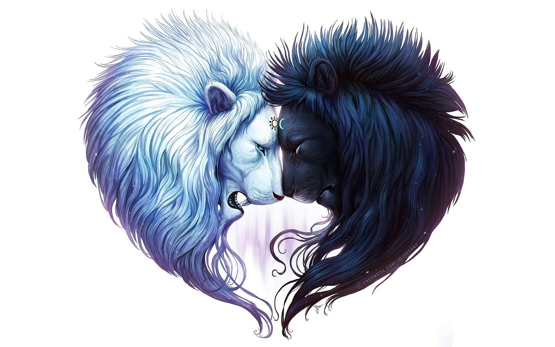 white and black lion heads
