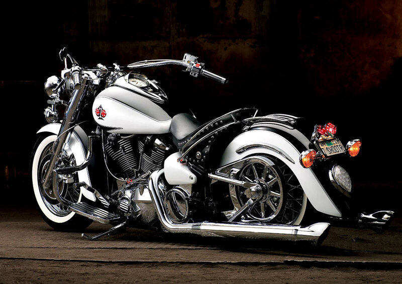 White and Black Motorcycle — Dramatic, Photograph, Chrome Details