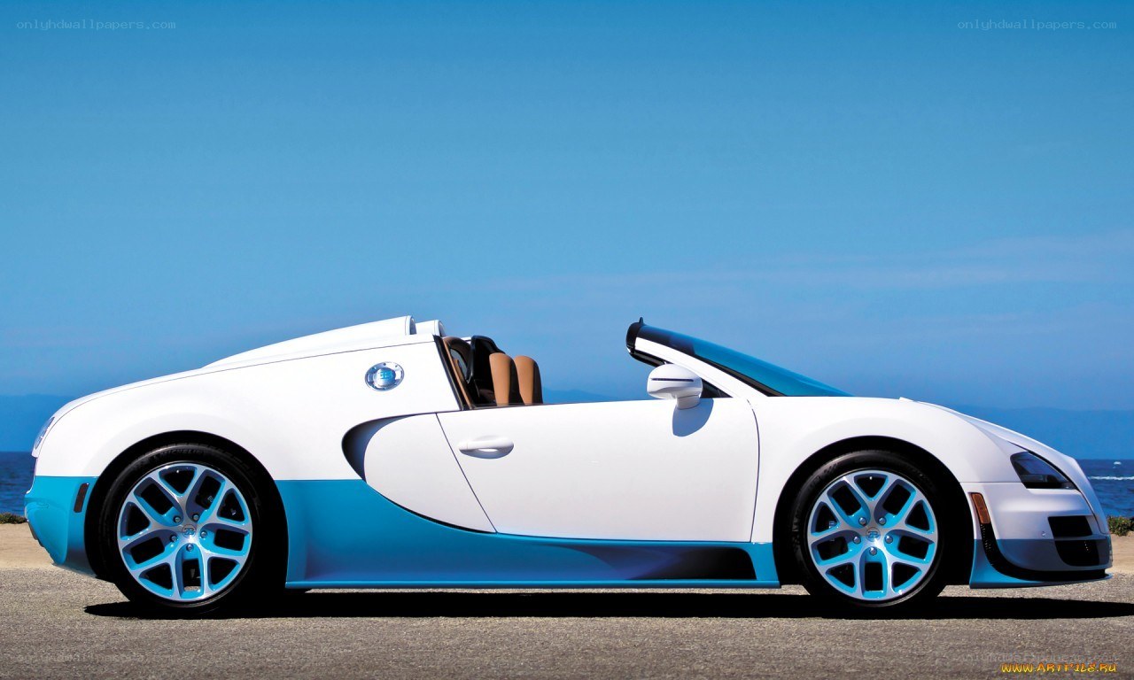 White and blue Bugatti convertible